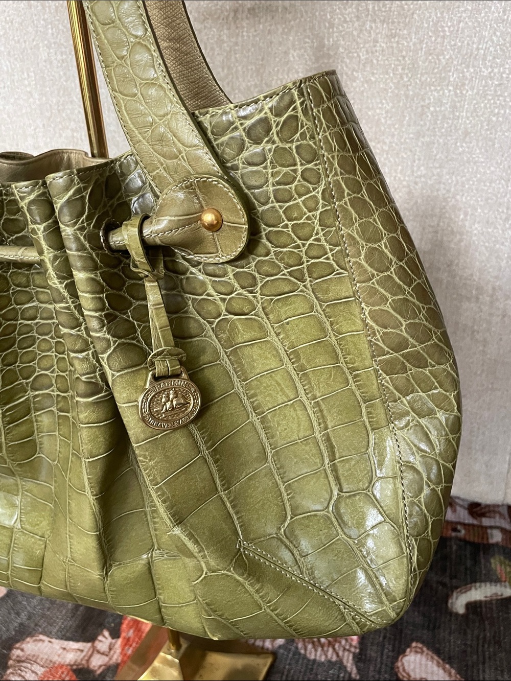 BRAHMIN Green Faux Croc Bag Purse Hobo One Callout Gorgeous Can Attach Crossbody - Picture 2 of 14